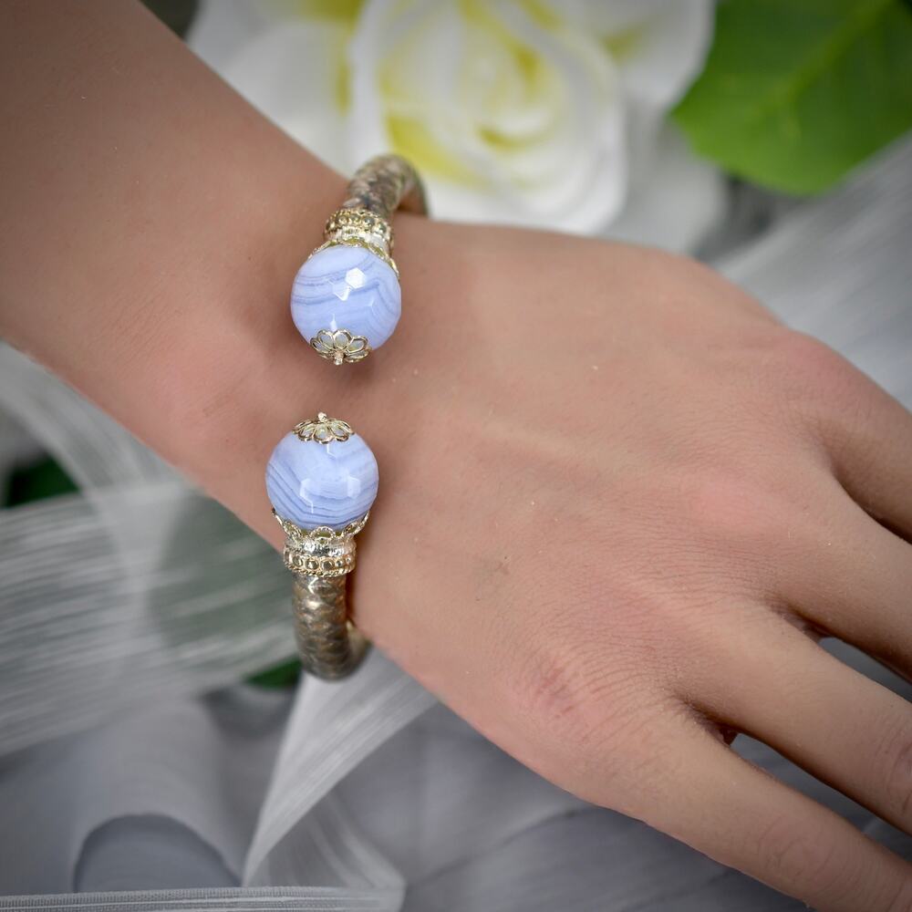 Italian Sterling Silver 925 Arte d'Argento Blue Lace Agate Bypass Cable Cuff 36g